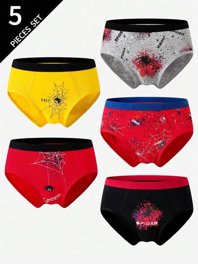 5pcs/Pack Boys' Cotton Colorful Spider Pattern Comfort Briefs Boys Briefs Underwear