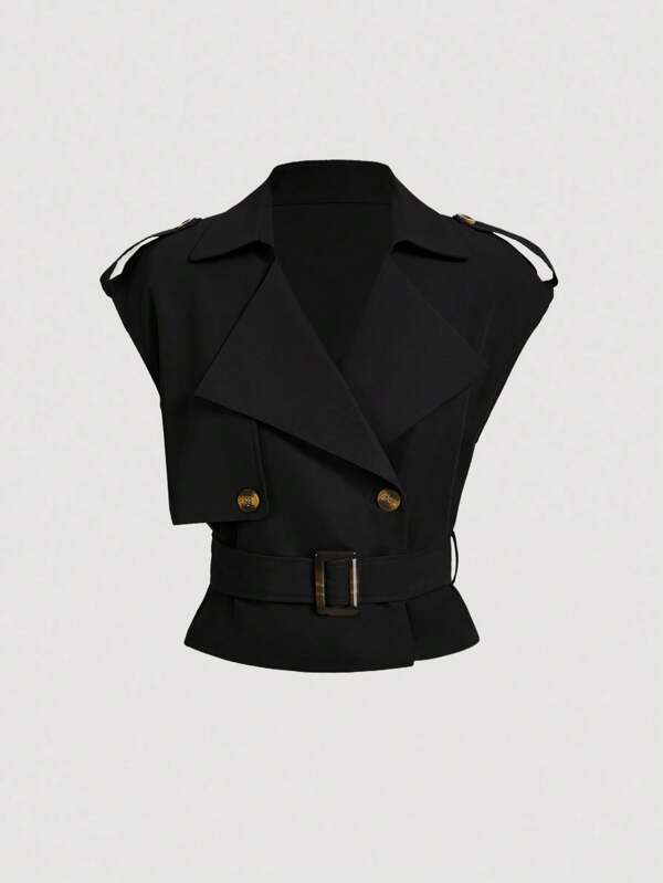 SHEIN MOD Abrigo largo tipo trinchera con cinturón y cuello negro, chaqueta retro, abrigo de invierno, ropa de vacaciones