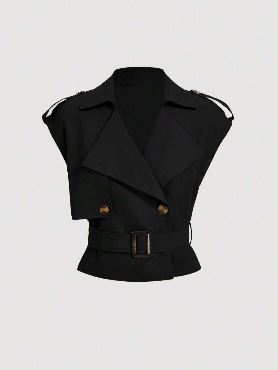 SHEIN MOD Black Collared Belted Long Trench Coat, Retro Jacket, Winter Coat, Holiday Wear