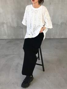 FRIFUL Camiseta feminina branca solta, tecido texturizado, gola redonda, manga média, roupa casual de verão, transparente - Branco - Ver 2