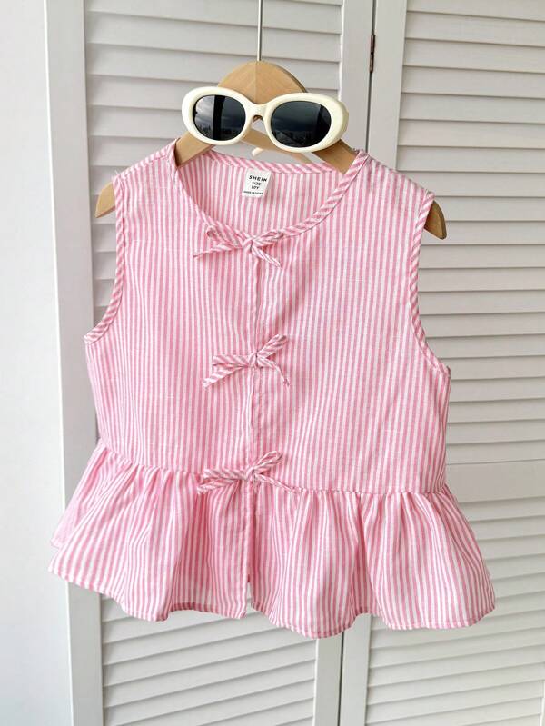 SHEIN Blusa sin mangas con lazo y diseño de rayas para niña preadolescente, de uso diario e informal