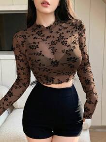 DAZY Women's Plant Pattern Mesh Long Sleeve Top Going Out Tops Sheer Crop Women Tops