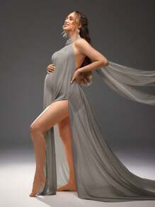 Cheriluna Maternity 孕妇纯色侧开衩下摆露背连衣裙孕妇装拍摄服装 - 深灰色 - 查看 4