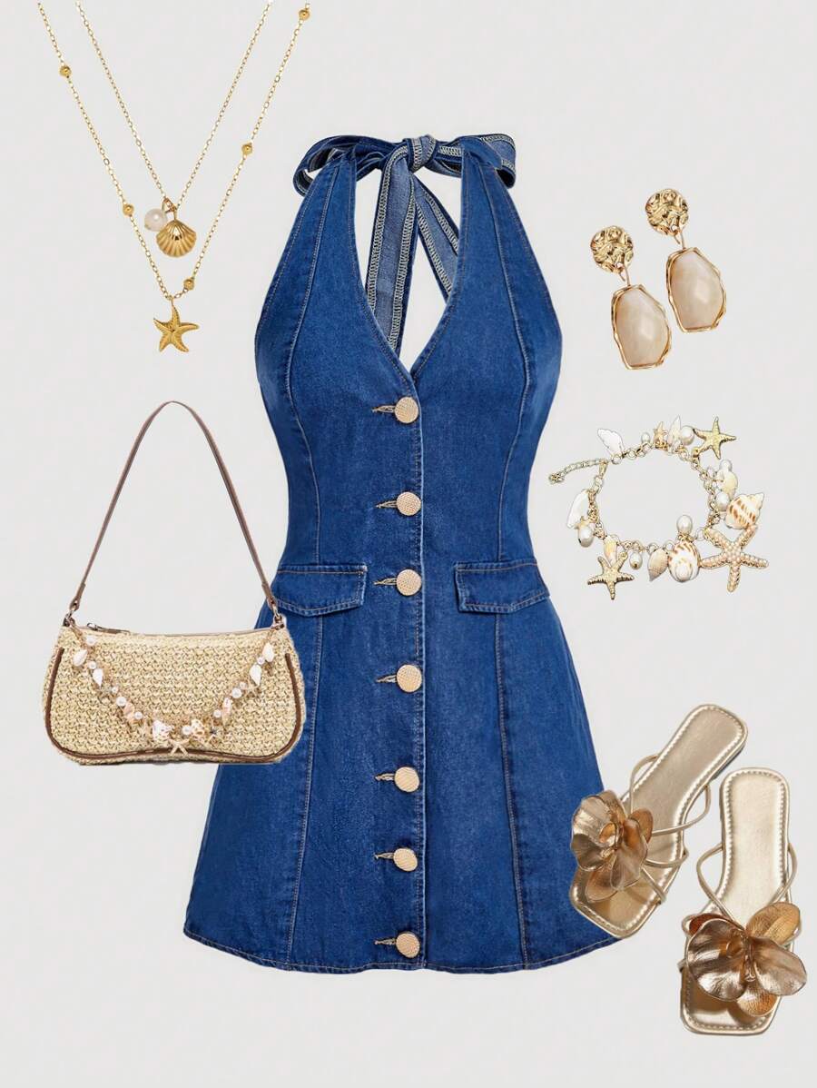 SHEIN MOD 女士休闲时尚前扣系带牛仔背带金属纽扣修身牛仔连衣裙 - 中等水洗藍 - 查看 1