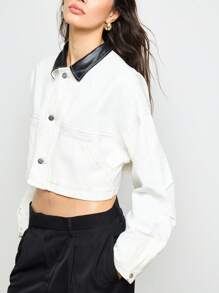 AiiRZ 短款牛仔夹克撞色皮革领子工装风格秋冬休闲时尚经典卡车司机剪裁现代街头风格外套 - 白色 - 查看 1