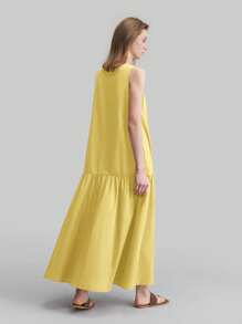 Ontre Vestido largo sin mangas de cuello redondo para mujer, estilo retro, amarillo, uso diario casual, vestido maxi sin camisa de unicolor minimalista, Vestido de vacaciones