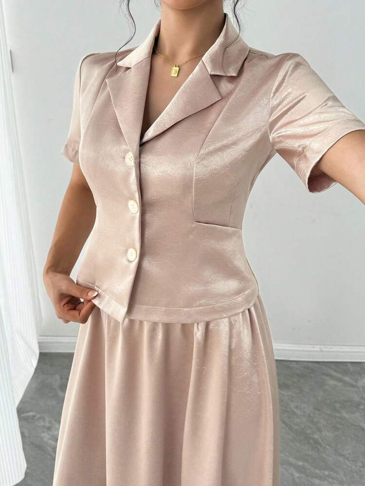 Women's Summer Turn-Down Collar Loose Short Sleeve Top And Flared Skirt Suit Business Attire