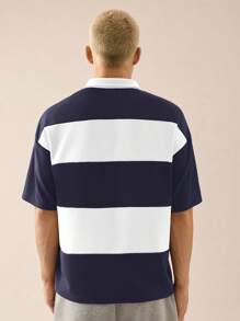 SWAVVY 男士针织休闲短袖宽松 Polo 衫，时尚日常穿着年轻风格，校园风 - 藏蓝色 - 查看 3