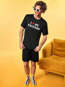 Notgurli Men's Slogan Print Short Sleeve Top And Shorts Pajama Set - Black - View 1