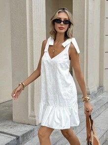 Serisse Women's Vacation Shoulder Bowknot Sleeveless Elegant Romantic Patchwork Ruffle Hem Floral Embroidery Fabric Back Deep V Loose A Fit Short Dresses Summer Outfits For Women Summer Dresses For Women Spring Outfits For Women Vacation Outfits Woman Vacation Outfits Women Wedding Guest Dress Women Summer Clothes Dresses For Women Elegant Birthday Dresses For Women Vacation Dress Fairycore Ruffle Dress European Summer,Backless Dress New Year Party White Beach Holiday Resort