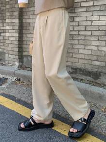 DAZY Pantalones casuales/de oficina color caqui sólido con pliegues para hombre, primavera/verano