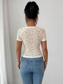 Elenzga Women Muscle Fabric Contrast Mesh Knit Short Sleeve T-Shirt - Apricot - View 2