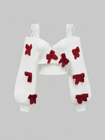 Kawaii Maglione con scollo a V profondo, maniche a spalla fredda, fiocco e cinturini in pizzo in stile francese sexy, morbido
