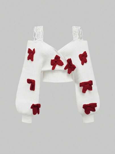 Kawaii Suéter holgado con cordones de encaje, escote en V profundo, hombros descubiertos y lazo, de estilo sexy francés