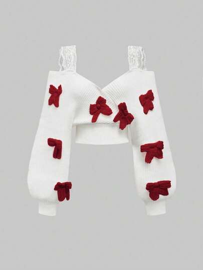 ROMWE Kawaii French Sexy Loose Lace Strap Deep V Neck Cold Shoulder Bowknot Pullover Sweater
