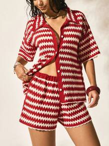 Easelle Bộ 2 áo len cardigan sọc thường ngày cho nữ đi nghỉ mát và quần short - Nhiều màu - Xem 6