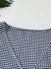 2pcs/Set Plus Size Women 3D Floral Decor Plaid Front Tie Sleeveless Shirt And Shorts Set - Blue - View 5