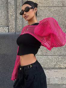 DAZY Hollow Out Super Crop Top Without Cami Top Festival Sheer Long Sleeve Women Tops - Hot Pink - View 3