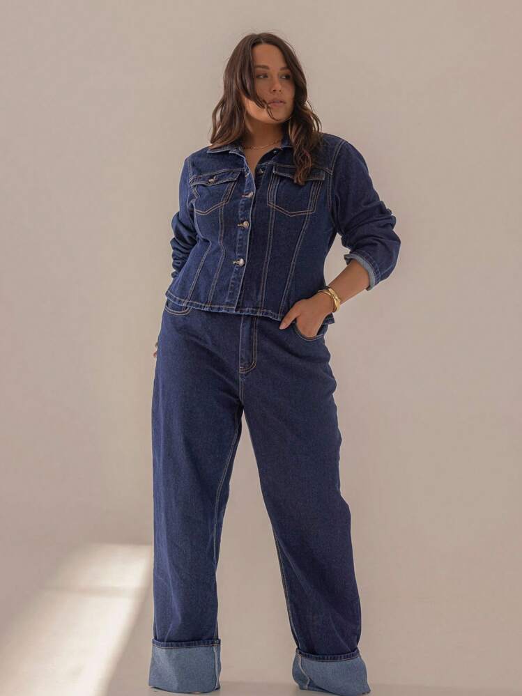 SHEIN Aralina-F Curve Winter / Summer Turn Back Hem Deatil Denim Jean - Medium Wash - View 7
