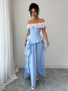 Elenzga 2pcs/Set Ditsy Floral Off-Shoulder Ruffle Shirt & Maxi Skirt - Multicolor - View 6