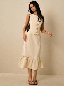 Poéselle Conjunto de dos piezas de lino caqui, 2 piezas, blusa sin mangas con cuello redondo y hebilla metálica con decoración de estrella de mar, y falda, estilo simple y elegante, estilo "old money", adecuado para uso diario, salir, ir al trabajo, vacaciones, citas, fiestas, banquetes y otras ocasiones, color beige - Beis - Ver 5