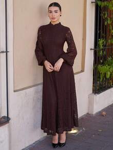 Andrea Bello 女士长袖蕾丝酒红色连衣裙长款女装 - 棕色 - 查看 2