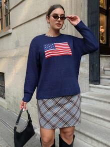 SHEIN EZwear Plus Size Crew Neck Long Sleeve USA Flag Print Sweater, For Winter Fall - Multicolor - View 5