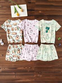 SHEIN 3pcs/Set Piyama Motif Kartun untuk Anak Perempuan, Pakaian Tidur Malam Lengan Pendek Musim Panas, Set Pendek Warna Pink untuk Anak Perempuan - MultiWarna - View 1