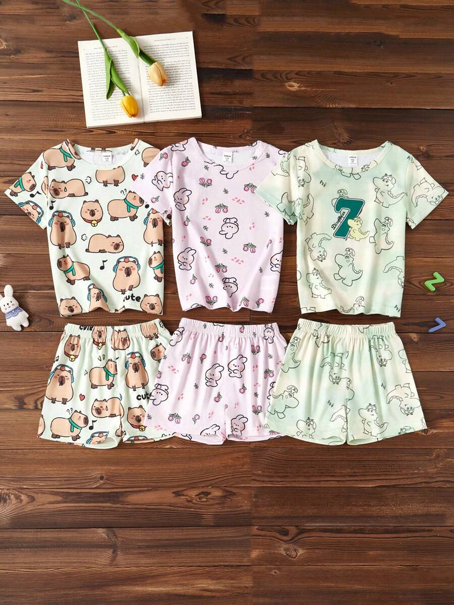 SHEIN 3pcs/Set Piyama Motif Kartun untuk Anak Perempuan, Pakaian Tidur Malam Lengan Pendek Musim Panas, Set Pendek Warna Pink untuk Anak Perempuan - MultiWarna - View 1