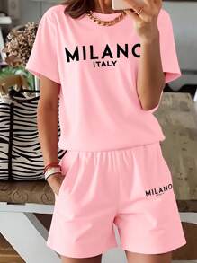 2pcs/Set Women Letter Printed Short Sleeve T-Shirt And Shorts Set - Pink - View 1