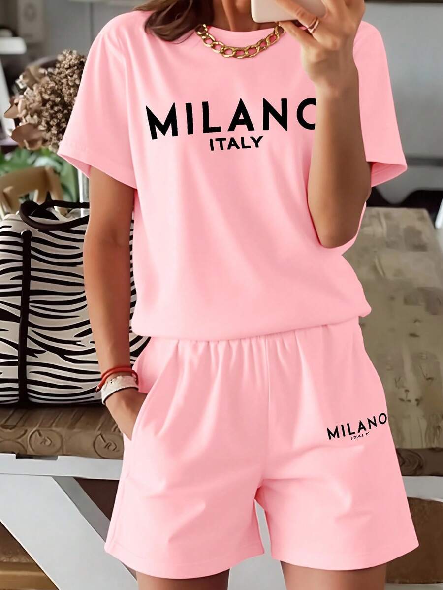 2pcs/Set Women Letter Printed Short Sleeve T-Shirt And Shorts Set - Pink - View 1
