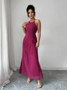 Rafferiza Đầm dài mỏng thiết kế xếp nếp cổ yếm thanh lịch cho nữ dùng cho dạ hội - Red Plum - Xem 6