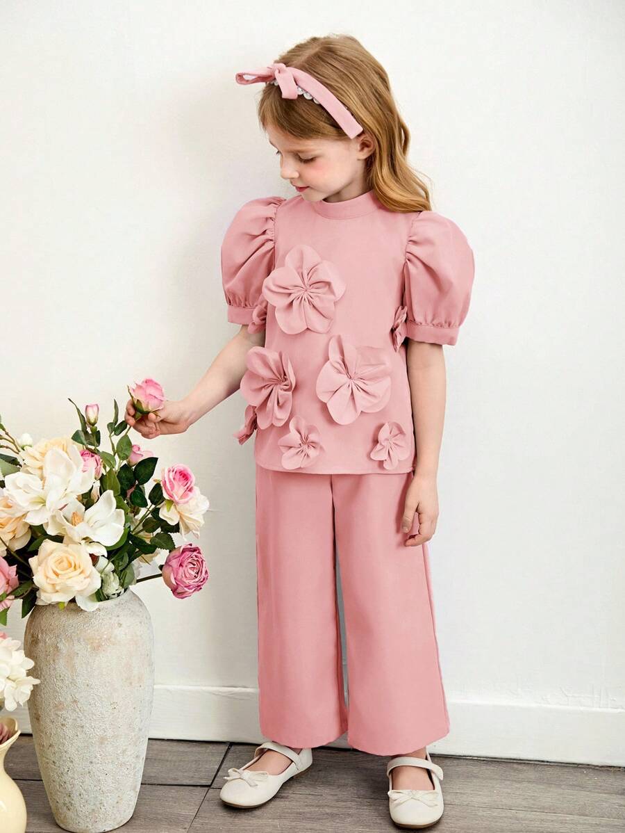 SHEIN Young Girl 2pcs Set:3D Flower Puff Sleeve Stand Neck Blouse Top & Loose Casual Pants,Cute Elegant Light Pink Summer Outfit For Party & Daily Wear - Pink - View 1