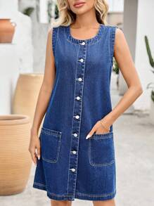 EMERY ROSE Women's Simple Solid Color Sleeveless Denim Dress For Daily Wear - Blue - View 6
