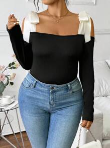 Elenzga Plus Size Women's Elegant Knit Long Sleeve Off Shoulder Big Bow T-Shirt - Black - View 4