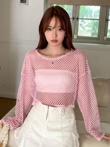 DAZY 纯色落肩短款上衣（不含抹胸）外出上衣节日透明长袖女式上衣，秋季女装 - 粉色 - 查看 5