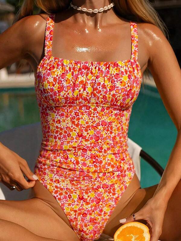 Swim Mod 1pc Women Vacation Floral Print Ruched Wide Strap One-Piece Swimsuit