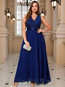 SHEIN Clasi Plus Size Women's Elegant Royal Blue Wedding Guest Dress,Autumn Formal V-Neck Lace Wave Edge Sleeveless A-Line Flowing Chiffon Long Dress - Navy Blue - View 1