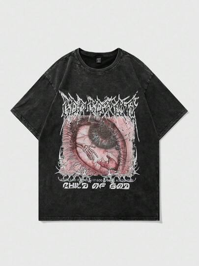 Men's Unique Eye And Skeleton Hand Pattern Gothic Print T-Shirt, Halloween