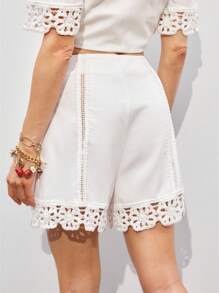 ATUI Studio Women's Summer Vacation Beach Casual Boho White Crochet Stitching Linen Shorts,Summer For Women,Beach Vacation,Beach,Office For Women - White - View 2