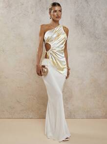 COSMINA Women's Butter Yellow Leopard Print Side Cutout Ruffle One Shoulder Sleeveless Fashionable Satin Top - Yellow - View 7