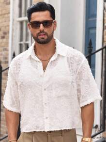 Manfinity BRENVOR 男士休闲镂空宽松落肩短袖梭织衬衫男士蕾丝衬衫男士蕾丝网眼衬衫白色蕾丝衬衫男士男士网眼衬衫男士透视衬衫男士纹理蕾丝衬衫 - 杏色 - 查看 4