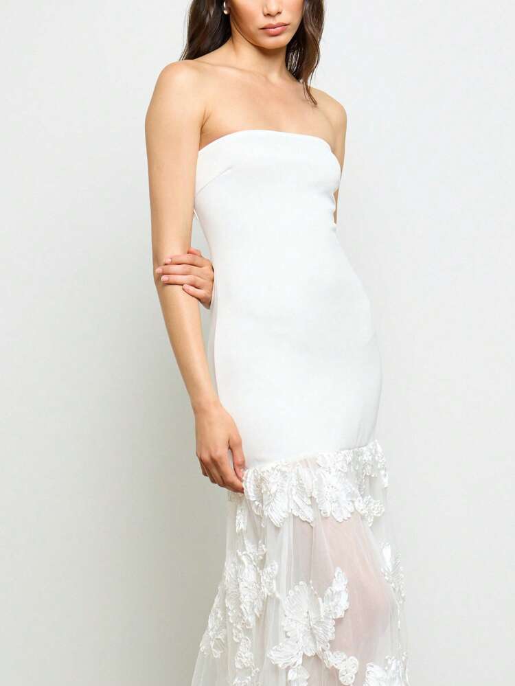 Long Strapless Floral Lace Maxi Dress