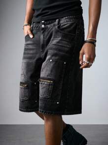 ROMWE MEN Street Life Summer Men's Wide Leg Loose Casual 5-Point Denim Cargo Shorts - Black - View 1