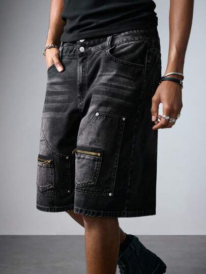 Grunge Punk Summer Men's Wide Leg Loose Casual 5-Point Denim Cargo Shorts