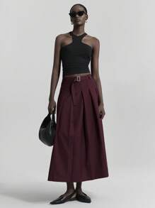 Ontre 现代都市风格，简约舒适设计，卡其色女式褶皱 A 字裙，日常休闲/通勤/商务休闲装，2025 年新品，初秋 - 卡其色 - 查看 2