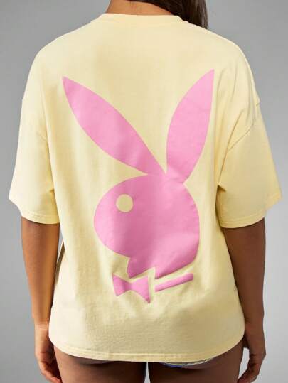 Missguided x Playboy Camiseta de manga corta de algodón casual y cómoda para el tiempo libre, con estampado gráfico de logo de conejo oversize, ideal para primavera, verano y festivales
