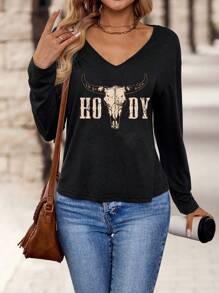 EMERY ROSE 复古西部女牛仔休闲简约常规 V 领长袖 T 恤女士，适合秋冬季 - 黑色 - 查看 5