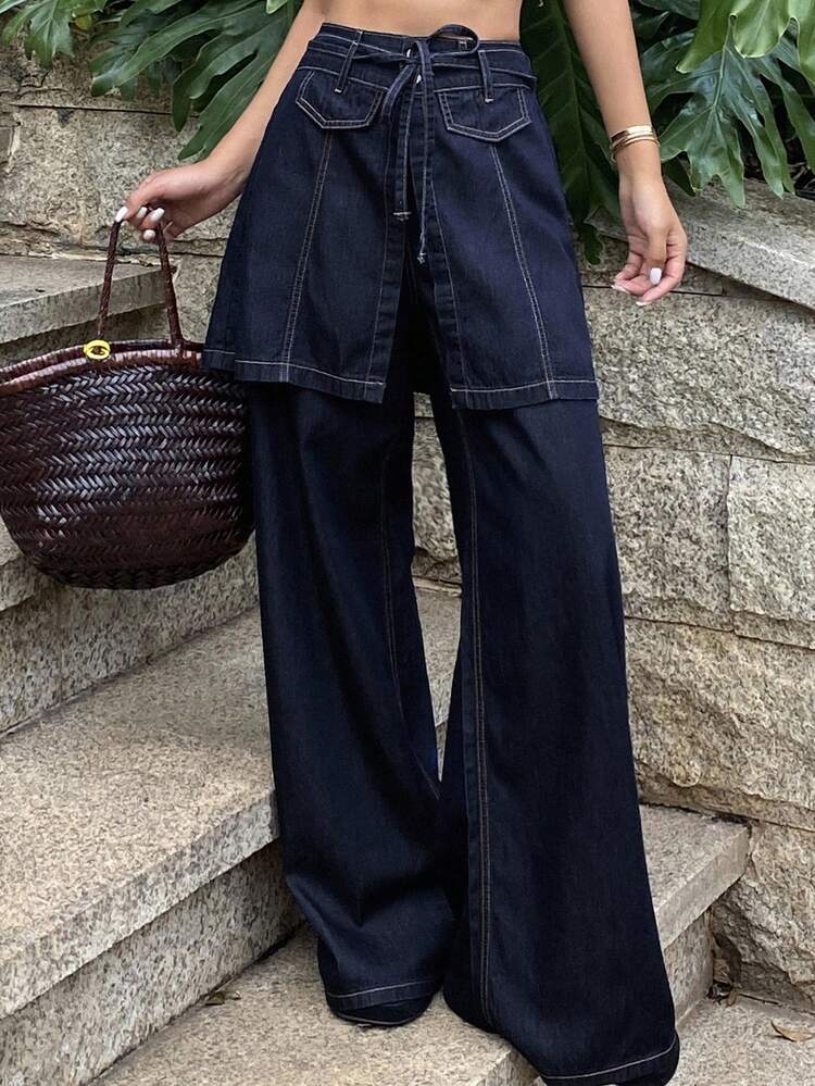 Women's Summer Casual Loose Wide Leg Jeans 2-Piece Set, Bandeau Top & Pants