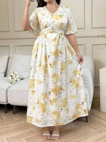 SHEIN Clasi Plus Size Women's Yellow Floral Print Chiffon Maxi Dress, Elegant, Lightweight, Short Sleeve, Flowing Summer Dress With 3D Floral Decor Summer Outfits - Yellow - View 4